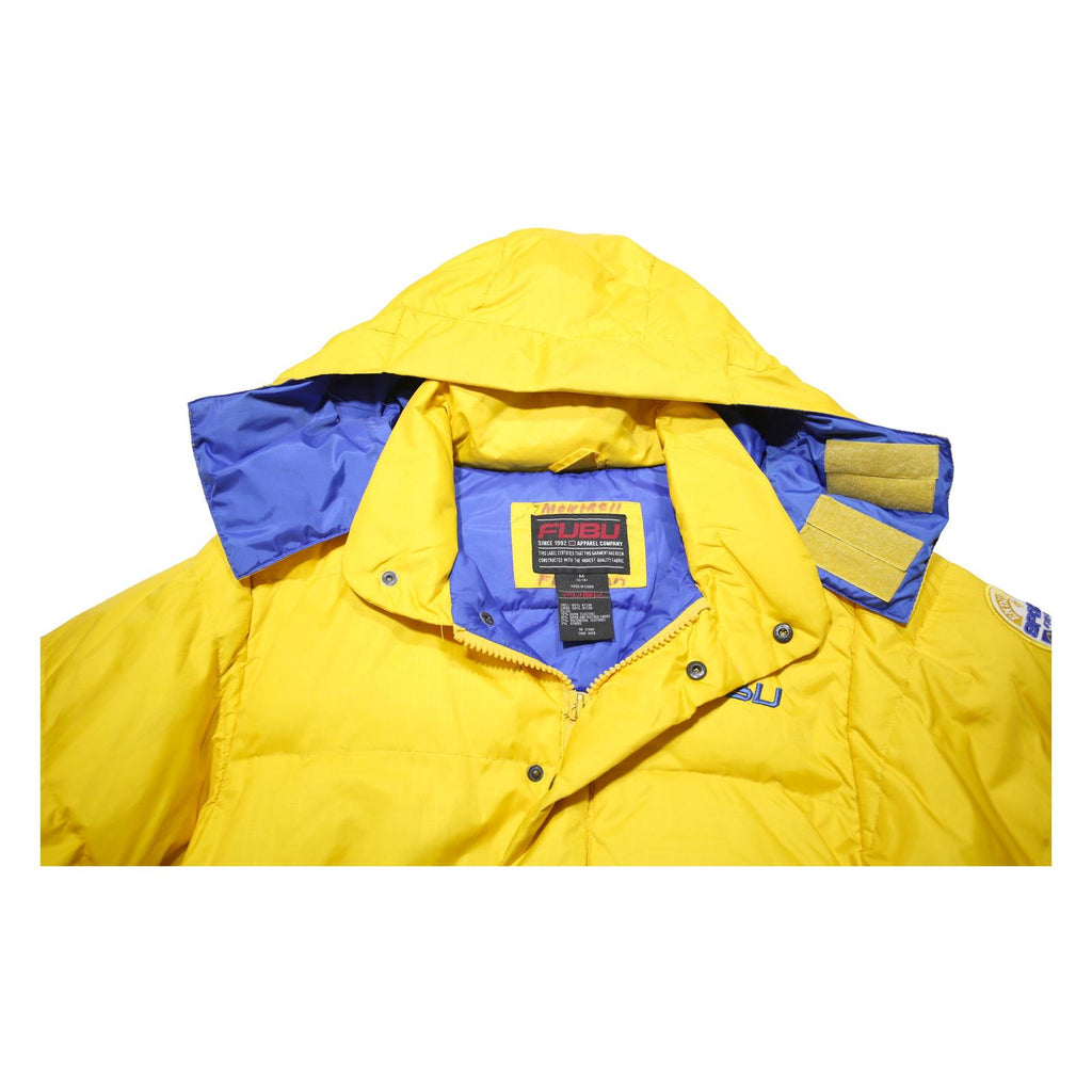 FUBU Womens Yellow Nylon Puffer Jacket M Zip Hooded Sport Patch