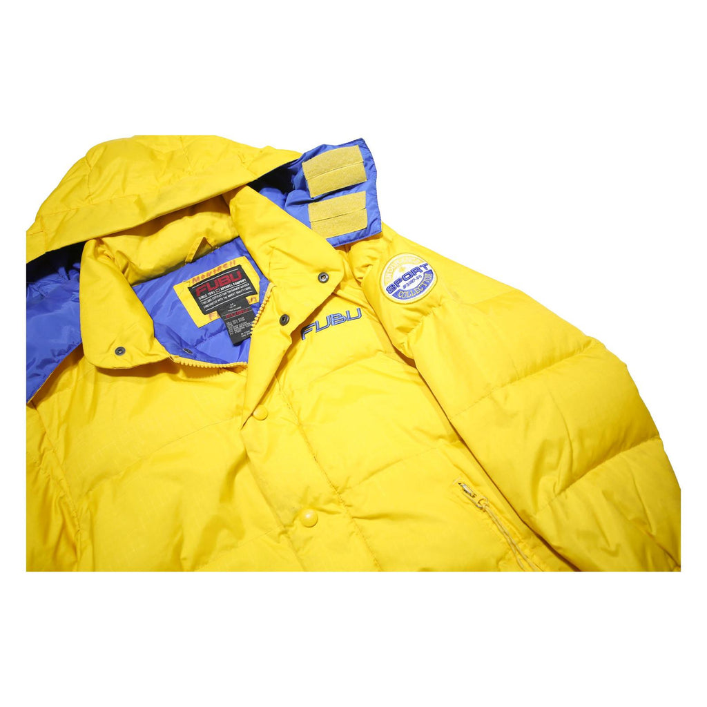 FUBU Womens Yellow Nylon Puffer Jacket M Zip Hooded Sport Patch
