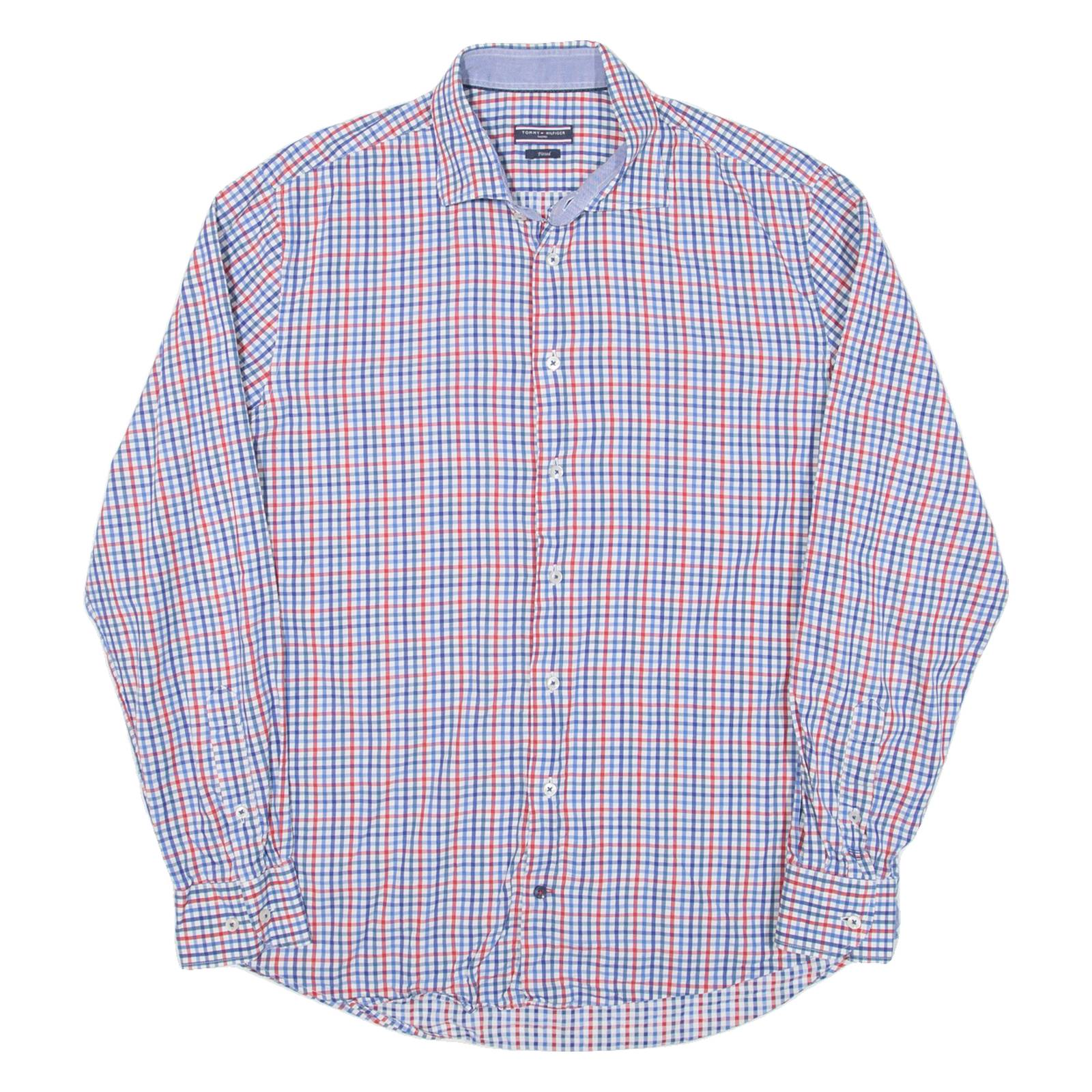 TOMMY HILFIGER Fitted Mens Shirt Blue Check Long Sleeve L