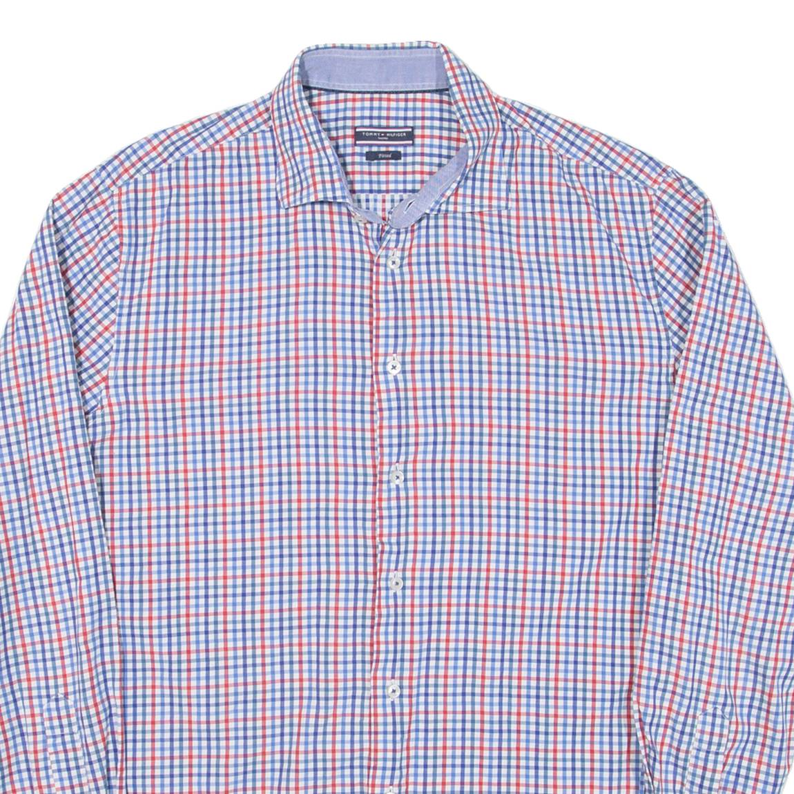 TOMMY HILFIGER Fitted Mens Shirt Blue Check Long Sleeve L