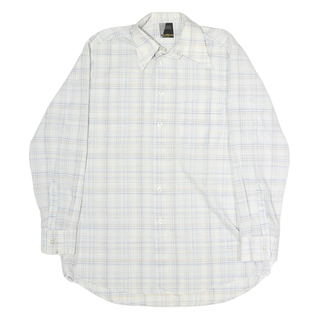 LUTTEURS Mens White & Blue Check Shirt M Cotton Long Sleeve Button Casual