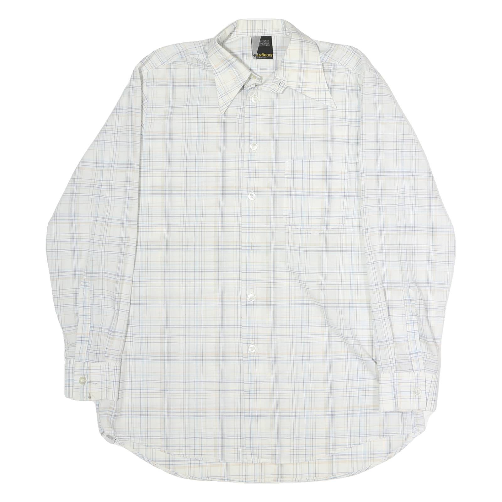 LUTTEURS Mens White & Blue Check Shirt M Cotton Long Sleeve Button Casual
