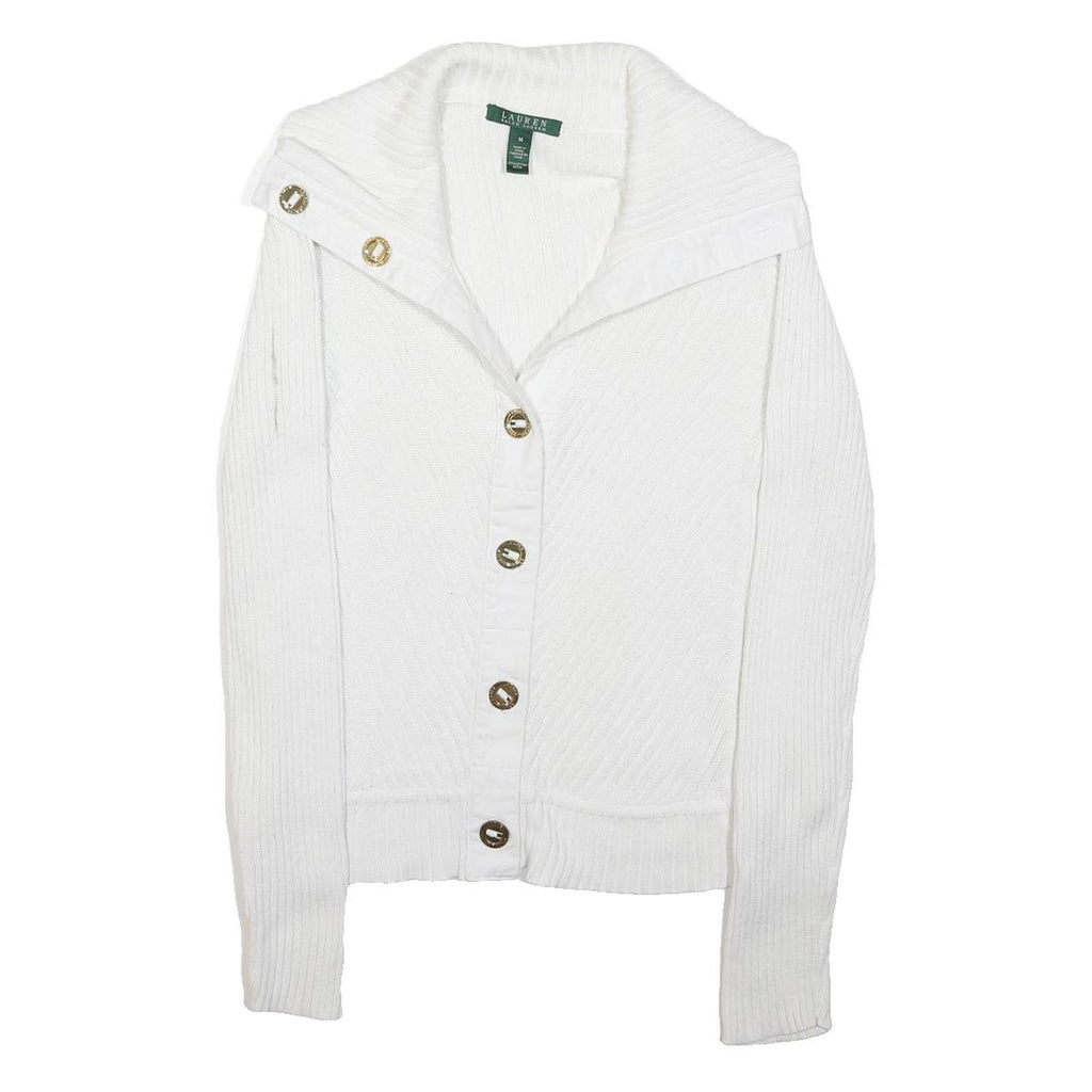 LAUREN RALPH LAUREN Womens White Plain Button Up Roll Neck Basic Knit M Cotton