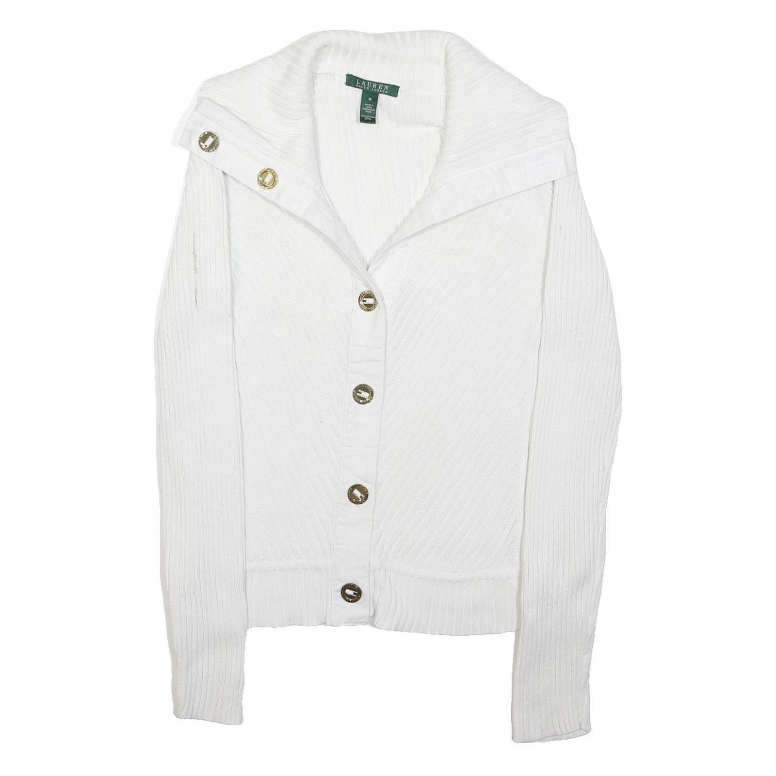LAUREN RALPH LAUREN Womens White Plain Button Up Roll Neck Basic Knit M Cotton