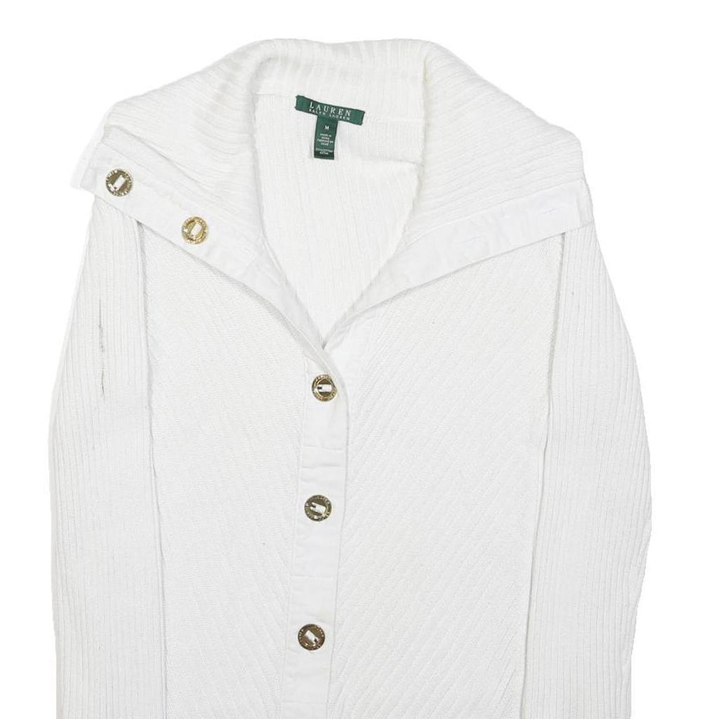 LAUREN RALPH LAUREN Womens White Plain Button Up Roll Neck Basic Knit M Cotton