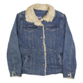 BUM EQUIPMENT Womens Blue Denim Jacket L Cotton Sherpa Trim Button Closure