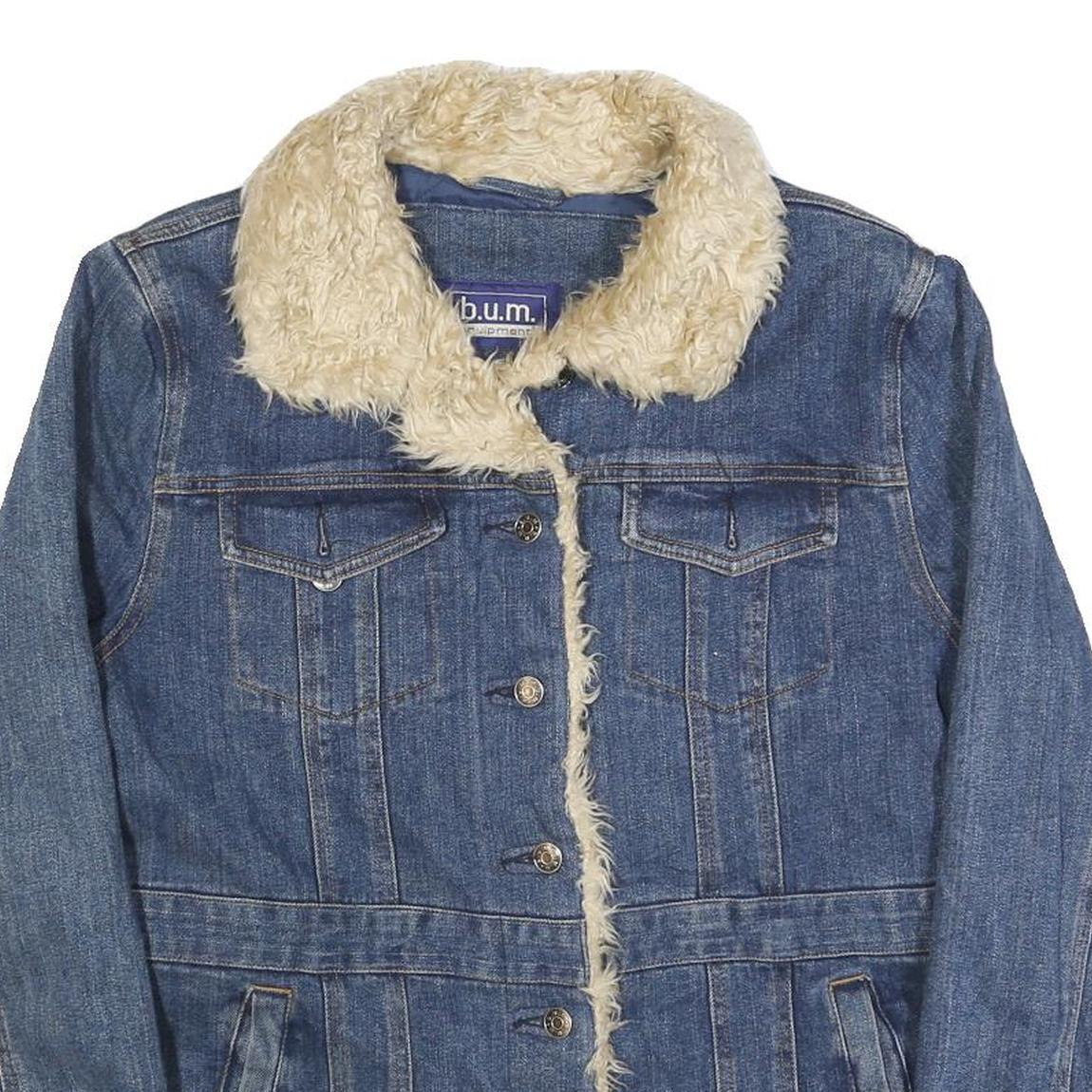 BUM EQUIPMENT Womens Blue Denim Jacket L Cotton Sherpa Trim Button Closure
