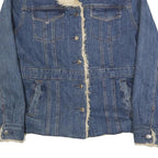 BUM EQUIPMENT Womens Blue Denim Jacket L Cotton Sherpa Trim Button Closure