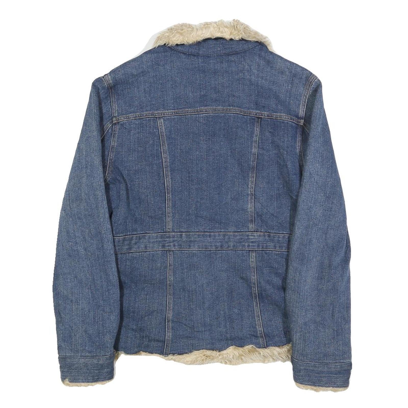 BUM EQUIPMENT Womens Blue Denim Jacket L Cotton Sherpa Trim Button Closure