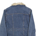BUM EQUIPMENT Womens Blue Denim Jacket L Cotton Sherpa Trim Button Closure