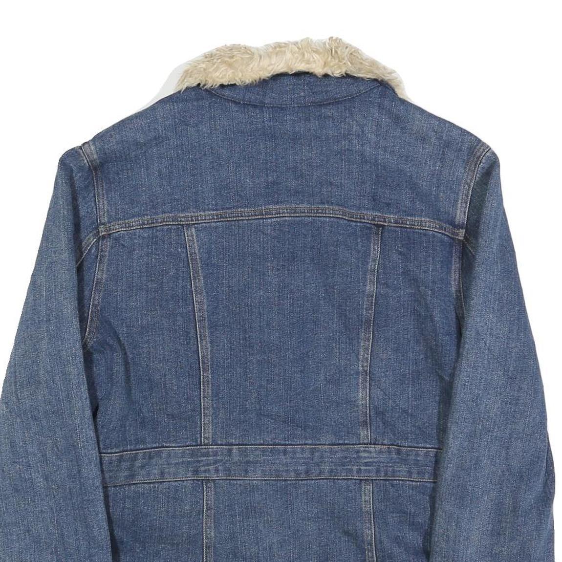 BUM EQUIPMENT Womens Blue Denim Jacket L Cotton Sherpa Trim Button Closure