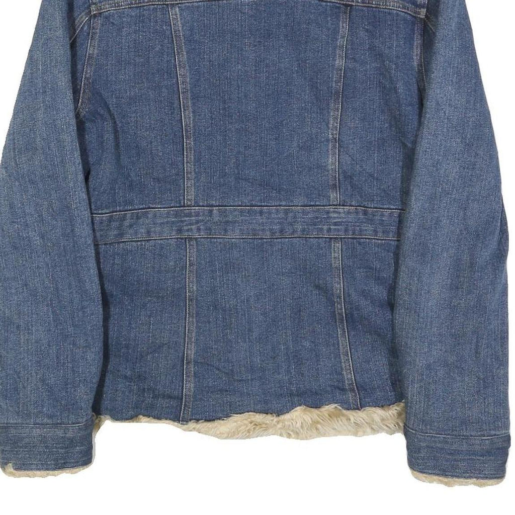 BUM EQUIPMENT Womens Blue Denim Jacket L Cotton Sherpa Trim Button Closure
