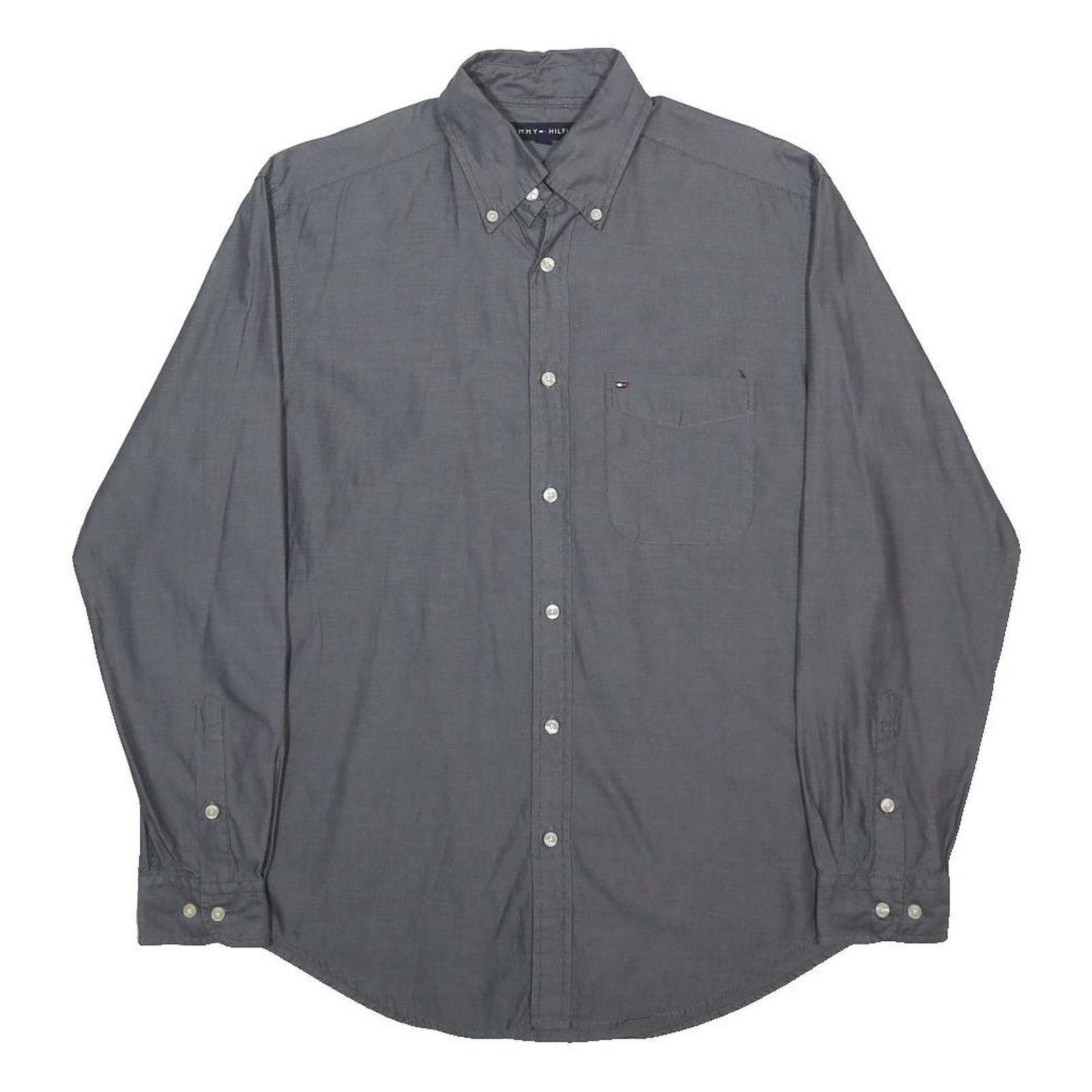 TOMMY HILFIGER Mens Grey Cotton Shirt S Button-Down Pocket Classic Casual