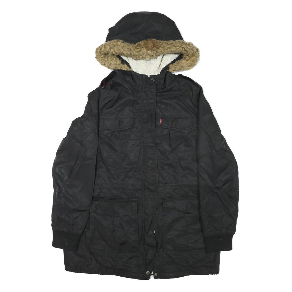 LEVI'S Womens Black Polyester Blend Hooded Jacket M Zip Sherpa Lined