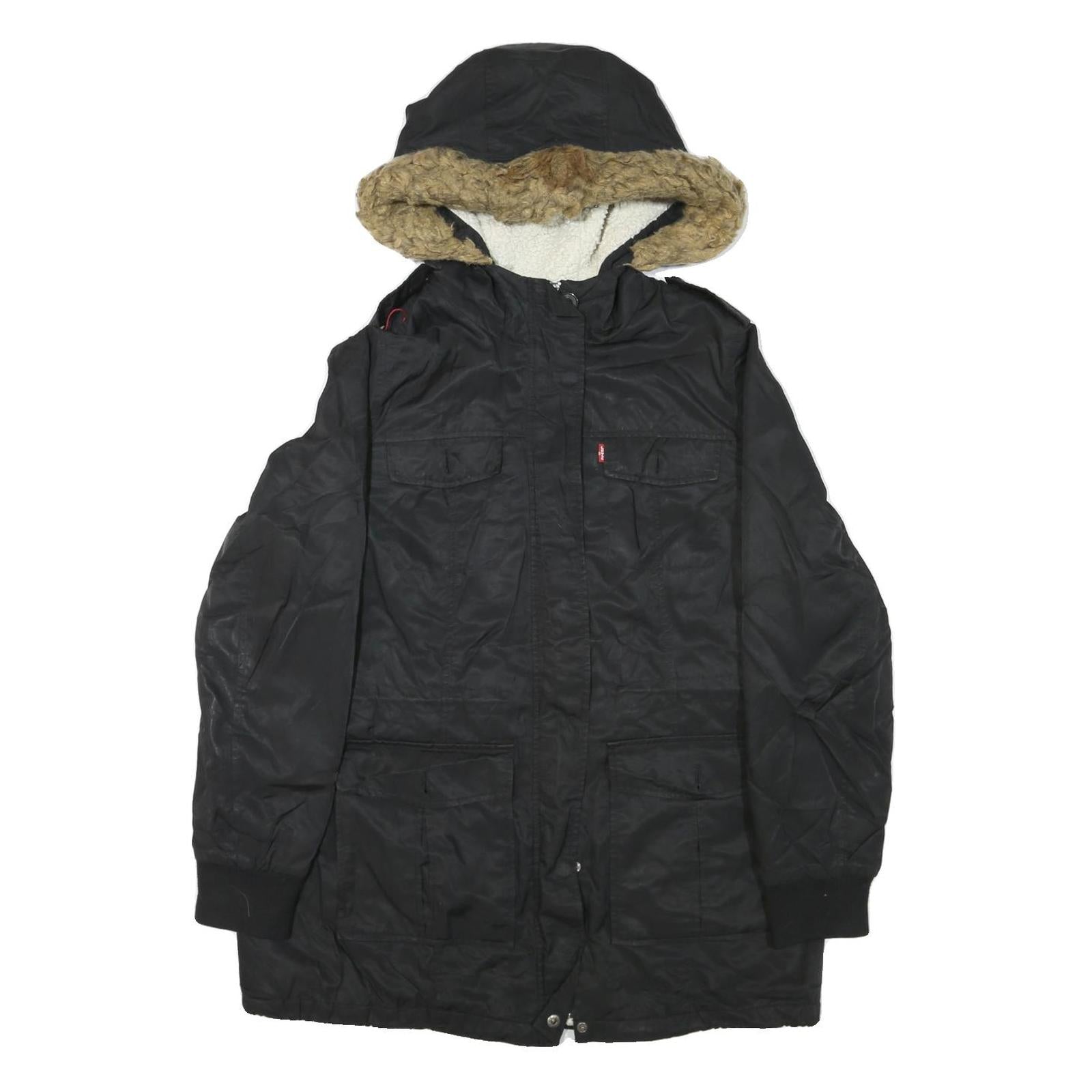 LEVI'S Womens Black Polyester Blend Hooded Jacket M Zip Sherpa Lined