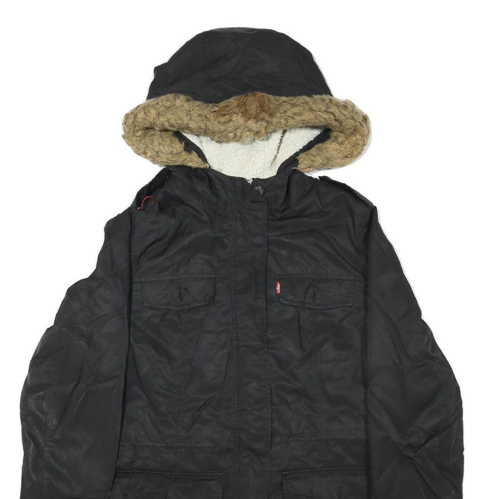 LEVI'S Womens Black Polyester Blend Hooded Jacket M Zip Sherpa Lined