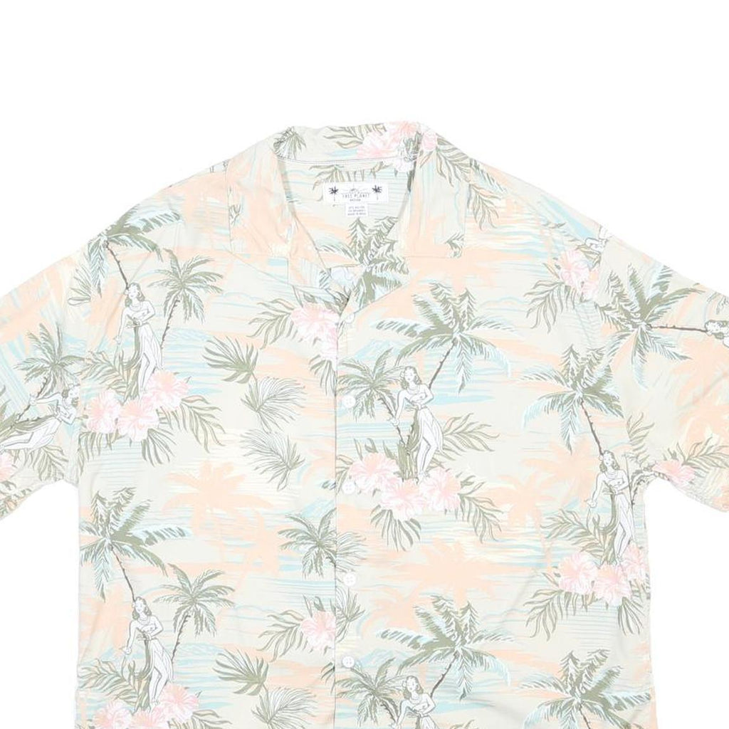 FREE PLANET Mens Cream Rayon Hawaiian Shirt M Tropical Print Beachwear