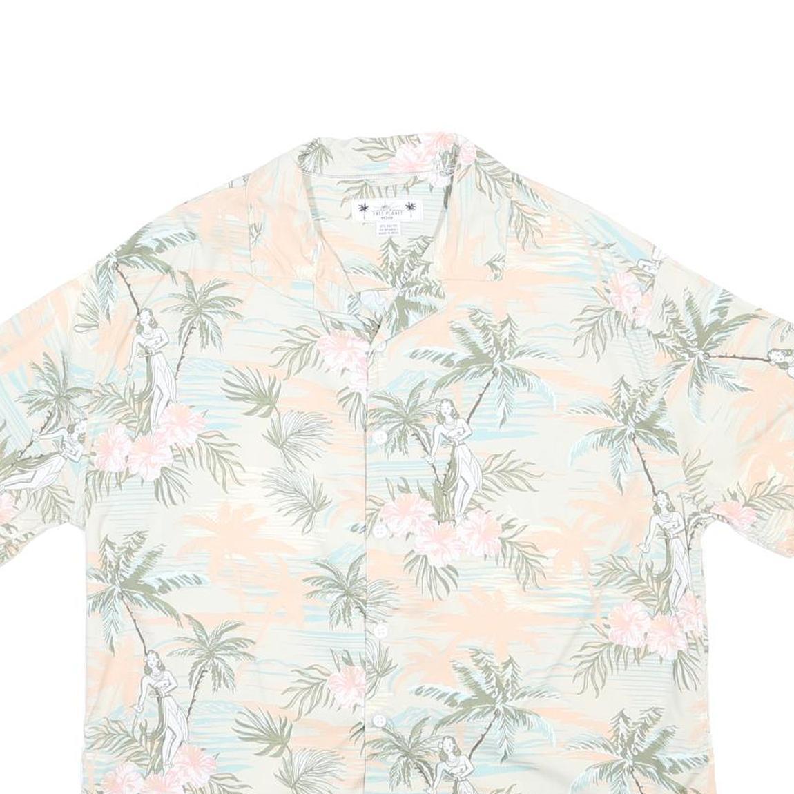 FREE PLANET Mens Cream Rayon Hawaiian Shirt M Tropical Print Beachwear