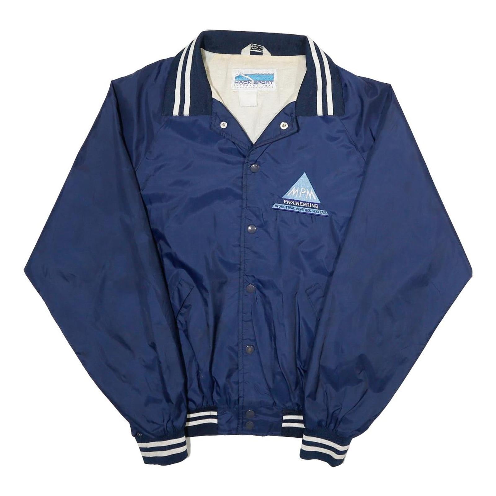 HACK SPORT Mens Blue Nylon Button Jacket L Classic Plain Lightweight Casual