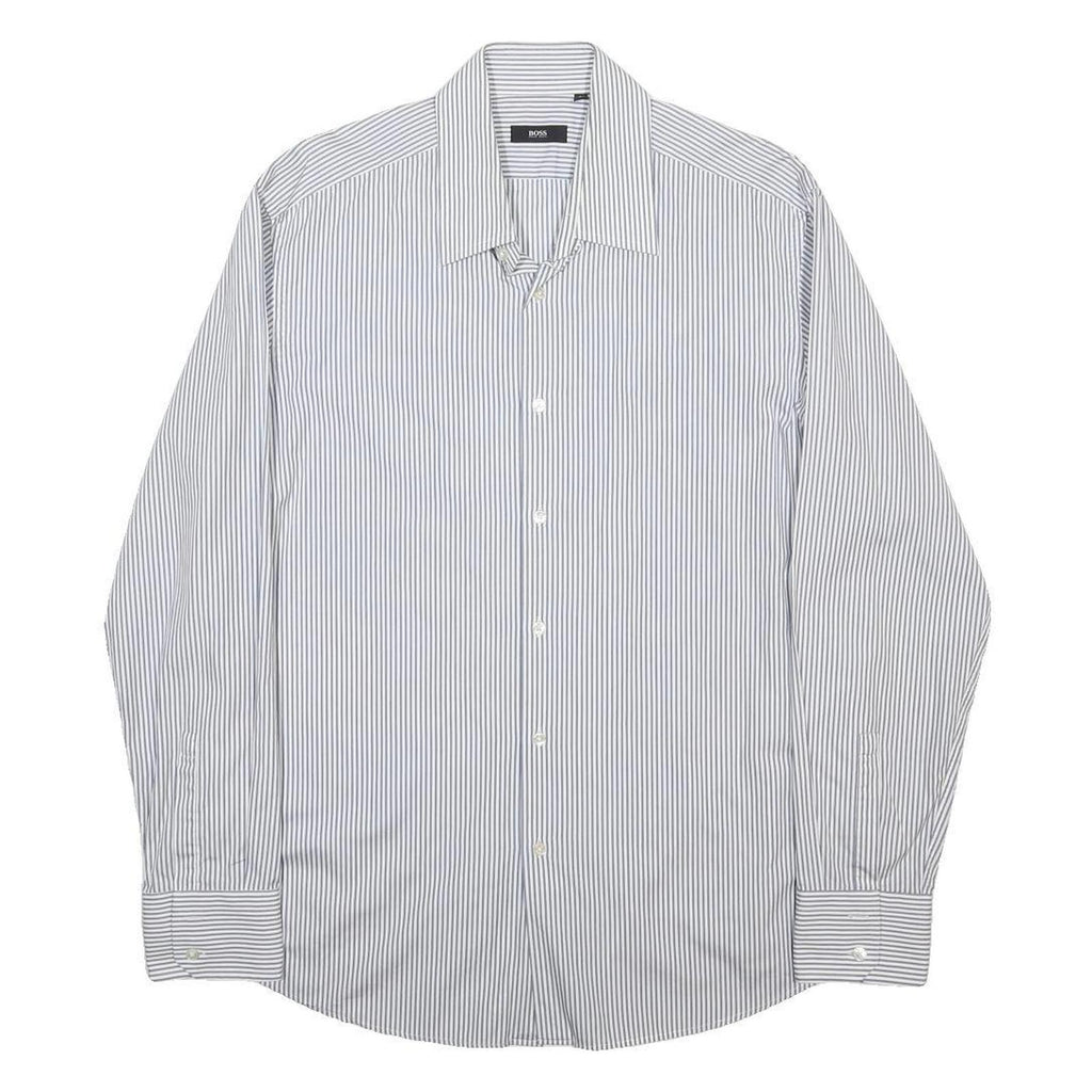 BOSS HUGO BOSS Mens White & Grey Stripe Cotton Shirt XL Classic Formal Button