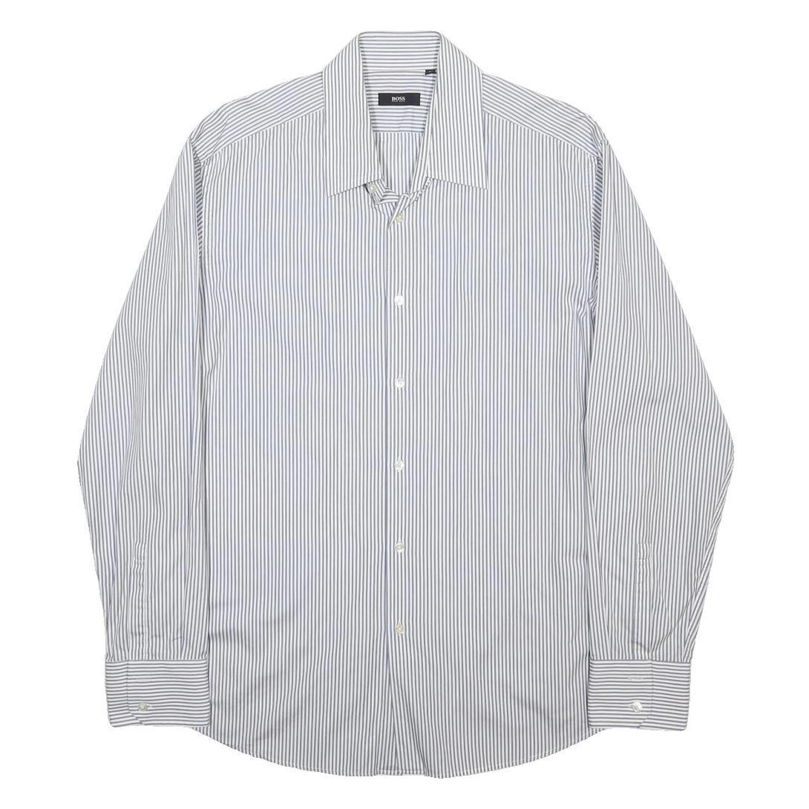 BOSS HUGO BOSS Mens White & Grey Stripe Cotton Shirt XL Classic Formal Button