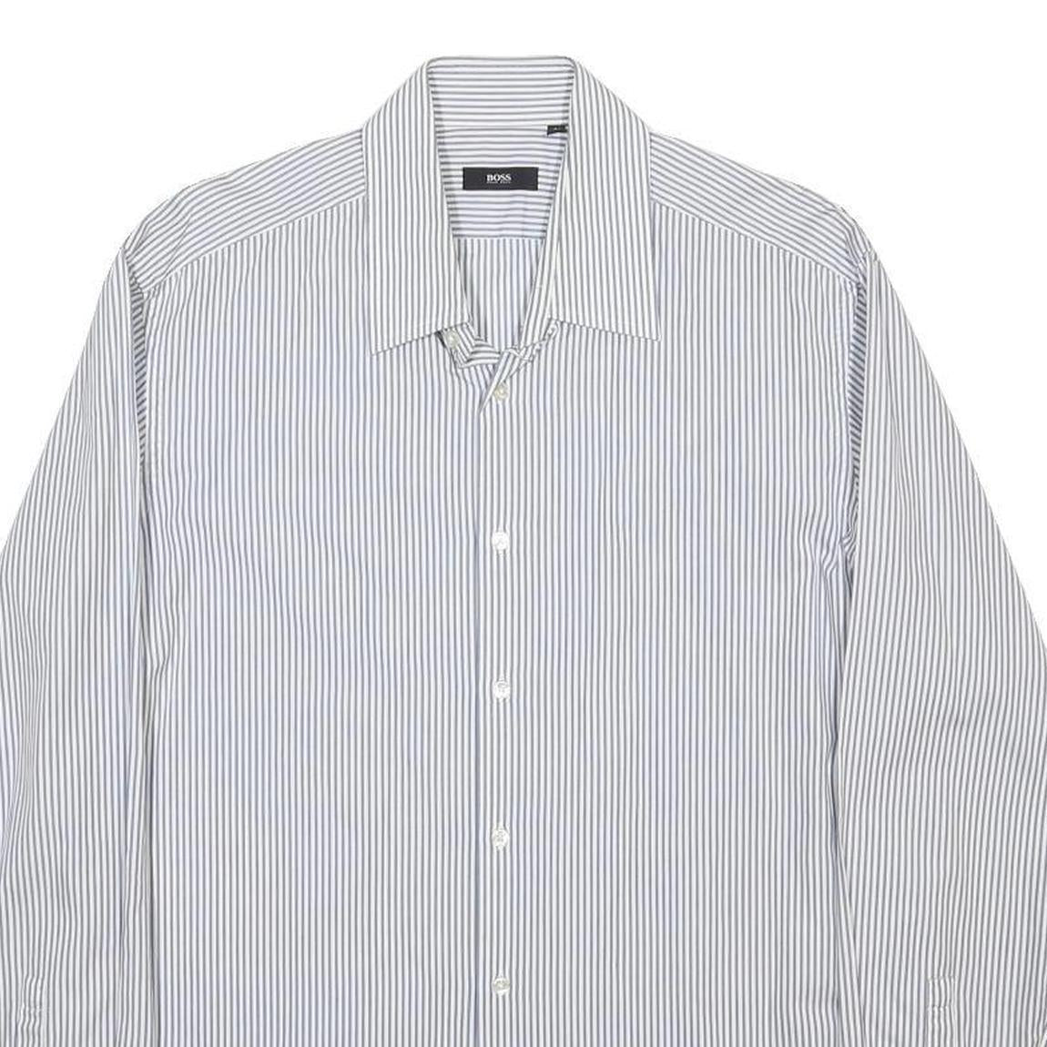 BOSS HUGO BOSS Mens White & Grey Stripe Cotton Shirt XL Classic Formal Button