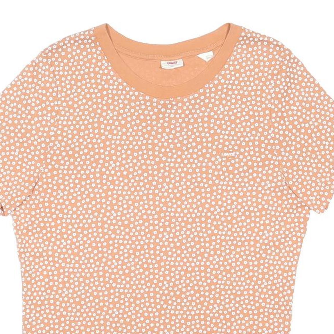 LEVI'S Womens Peach & White Printed T-Shirt L Short Sleeve Crew Neck Cotton