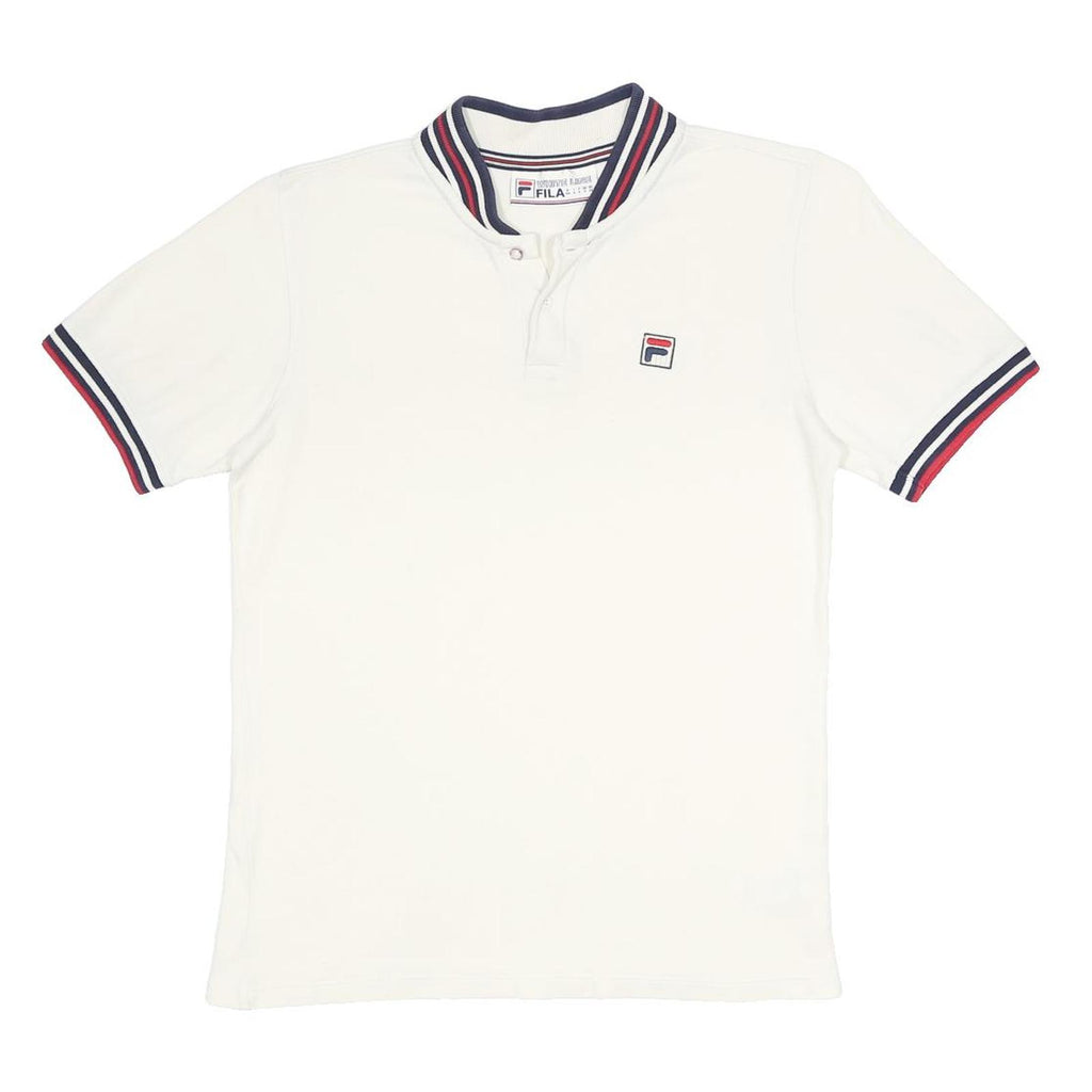 FILA Mens White & Navy Red Trim Short Sleeve Plain S Cotton Polo Shirt