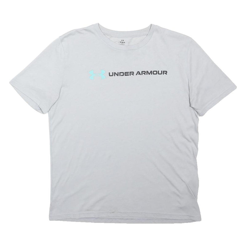 UNDER ARMOUR Boys White & Light Blue Logo Graphic T-Shirt L Short Sleeve Crew