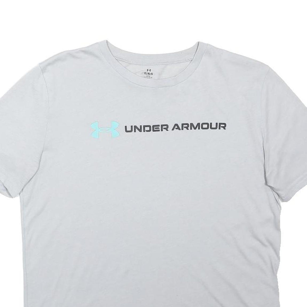 UNDER ARMOUR Boys White & Light Blue Logo Graphic T-Shirt L Short Sleeve Crew
