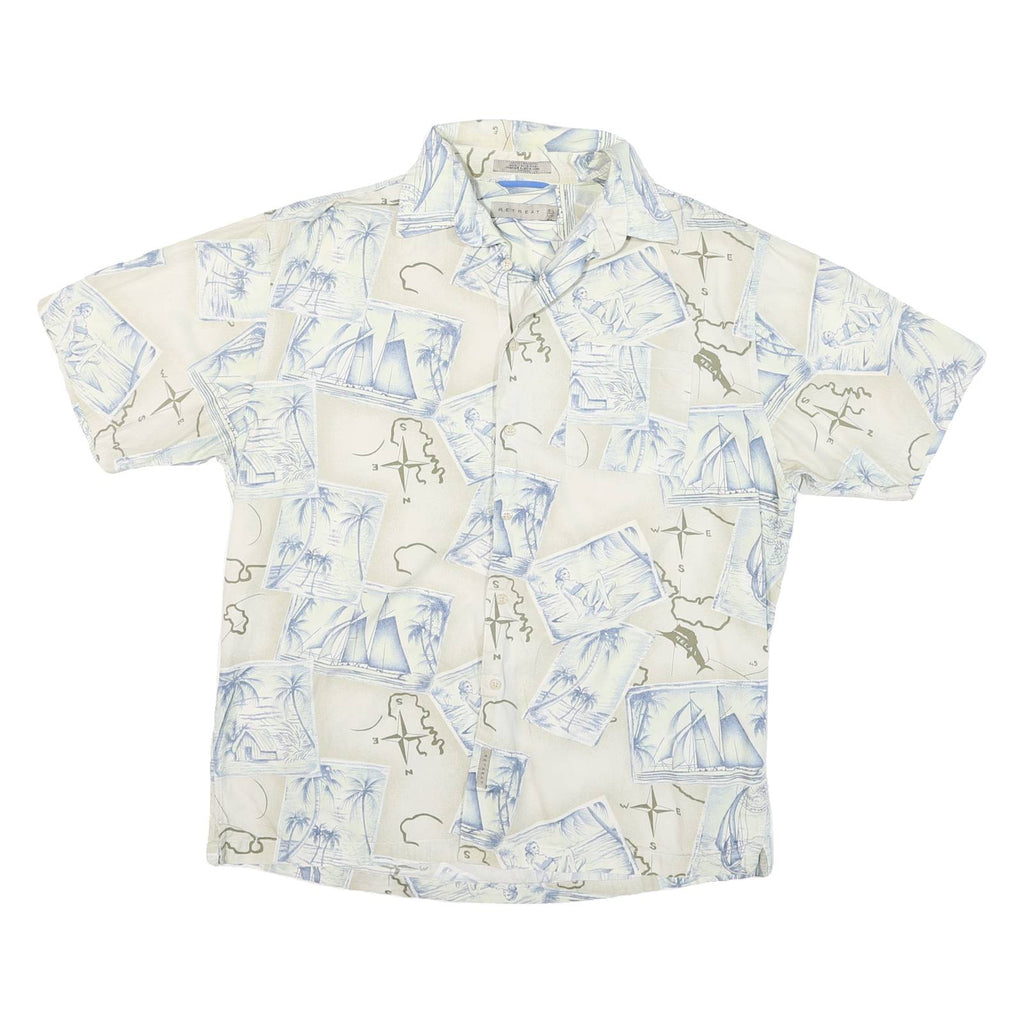 RETREAT Mens Cream & Blue Sailing Map Print Cotton Shirt L Summer Casual