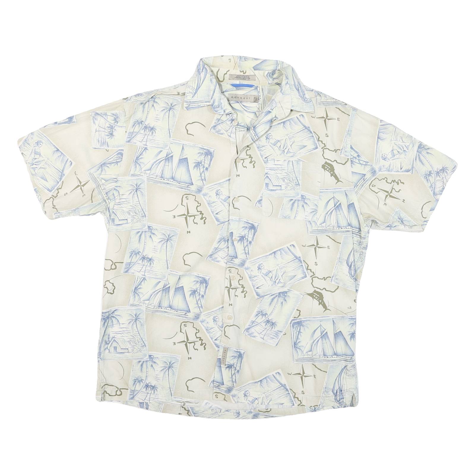RETREAT Mens Cream & Blue Sailing Map Print Cotton Shirt L Summer Casual