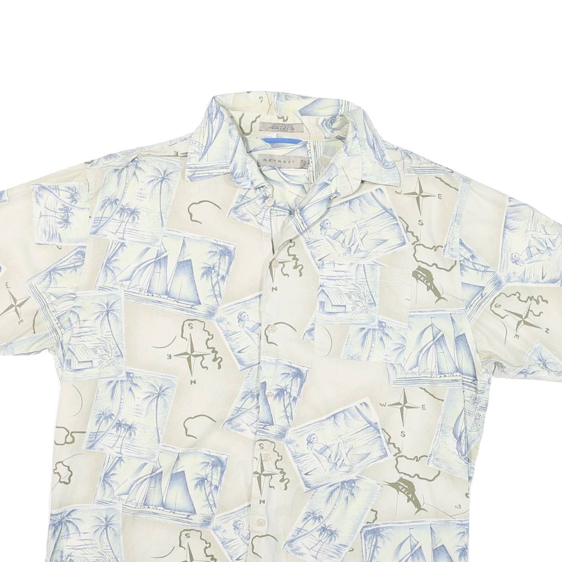RETREAT Mens Cream & Blue Sailing Map Print Cotton Shirt L Summer Casual