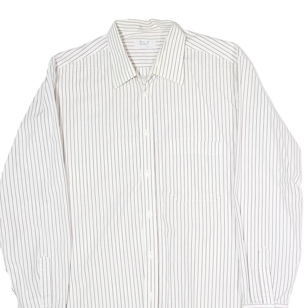 Mens White & Black Striped Cotton Blend Shirt L Classic Long Sleeve Button Shirt