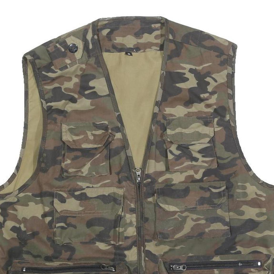 Mens Green Camouflage Cotton Zip Jacket Vest M Utility Pocket Outdoor Casual