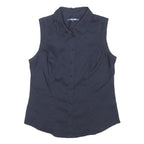 NEXT Womens Navy Sleeveless Shirt Button Neck UK 14 Cotton Blend Top