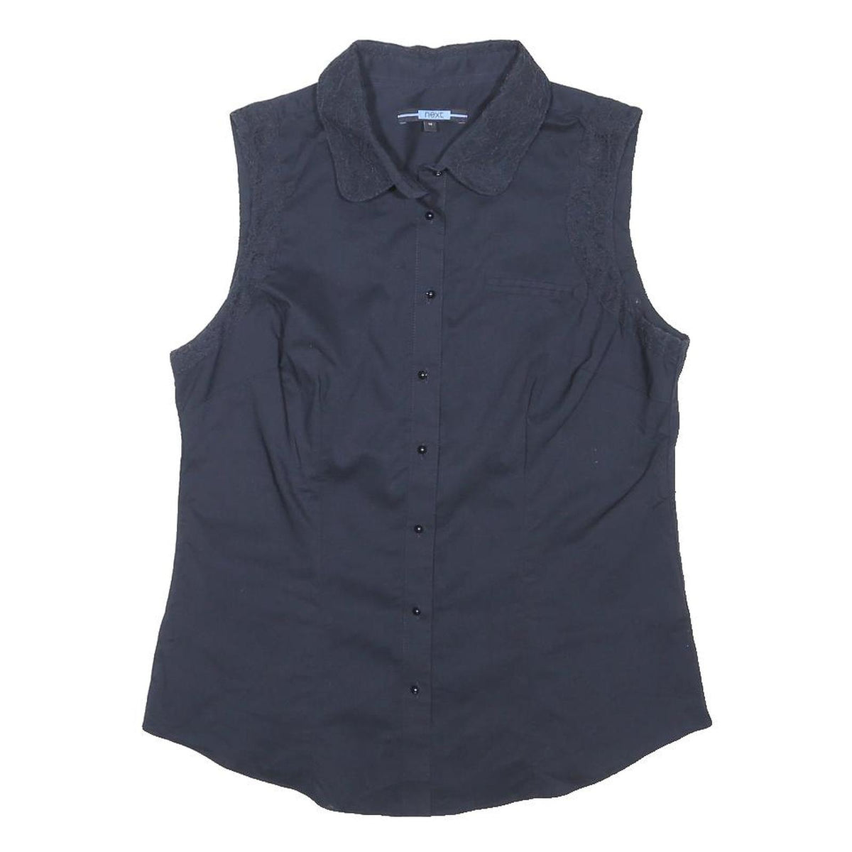 NEXT Womens Navy Sleeveless Shirt Button Neck UK 14 Cotton Blend Top