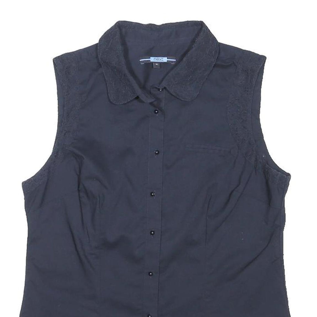 NEXT Womens Navy Sleeveless Shirt Button Neck UK 14 Cotton Blend Top