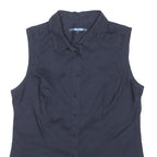 NEXT Womens Navy Sleeveless Shirt Button Neck UK 14 Cotton Blend Top
