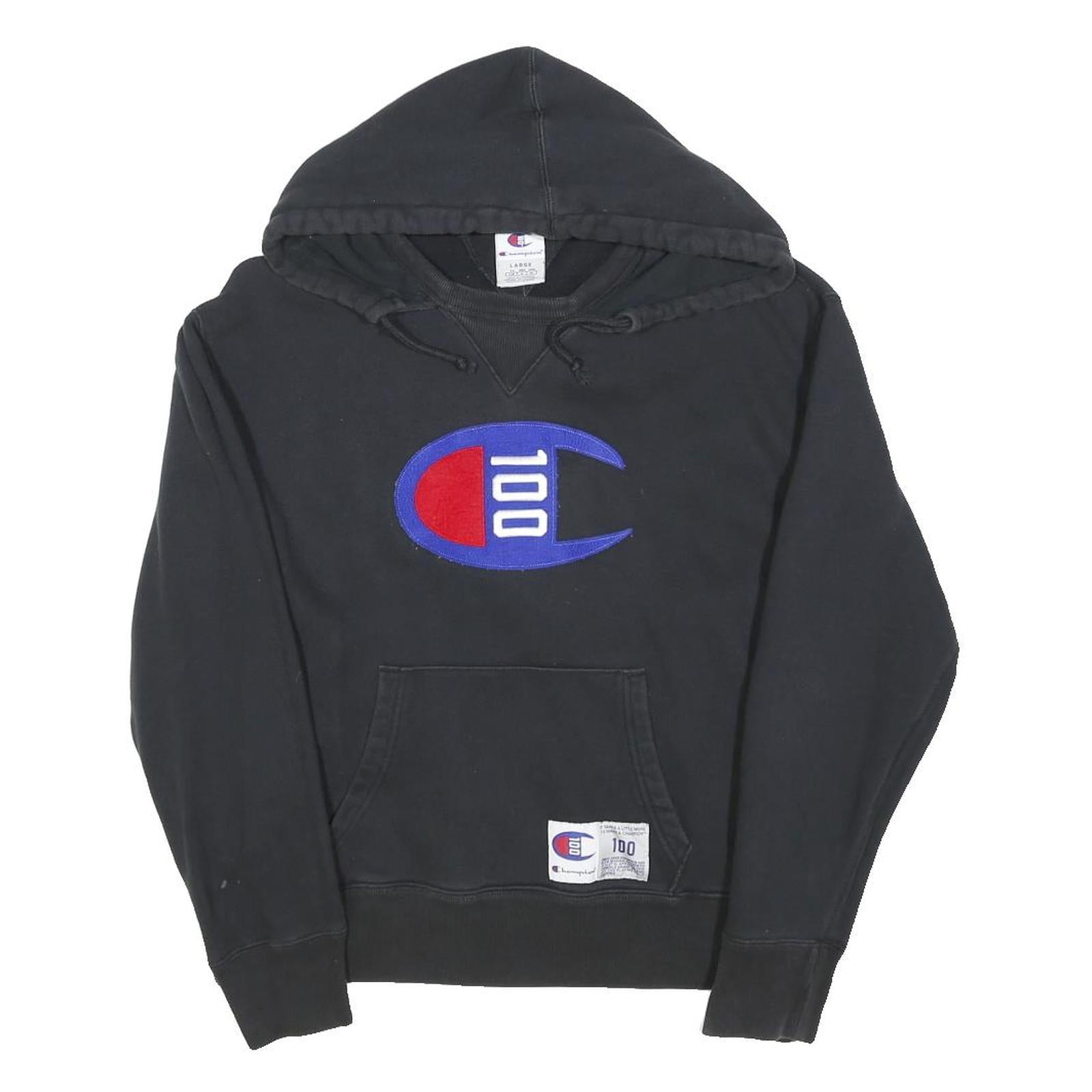 CHAMPION Mens Black Cotton Blend Pullover Hoodie L Embroidered Logo Spellout