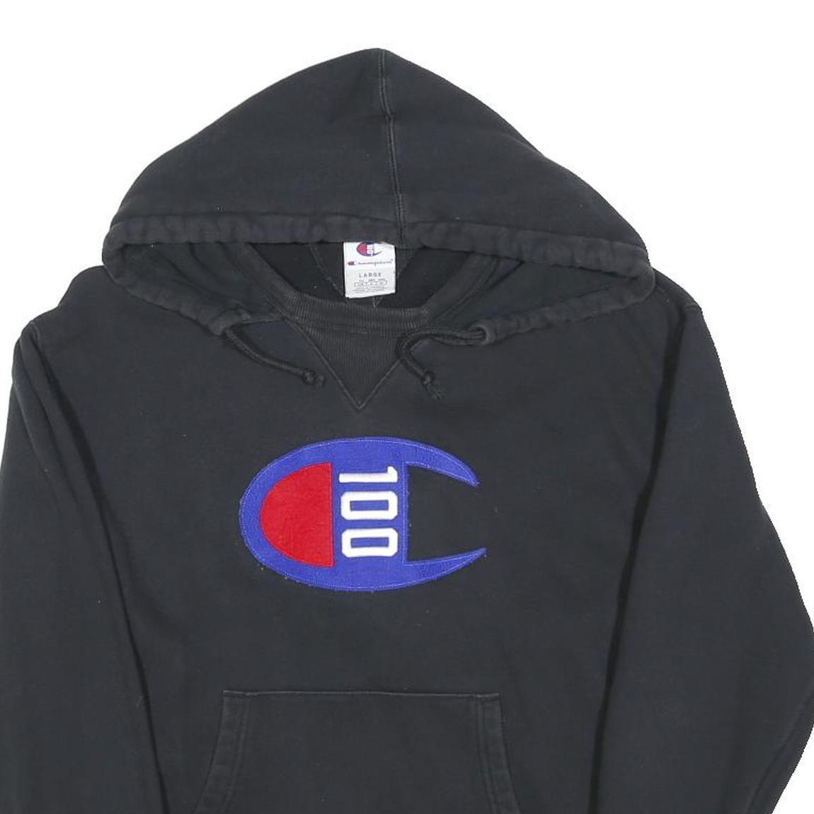CHAMPION Mens Black Cotton Blend Pullover Hoodie L Embroidered Logo Spellout