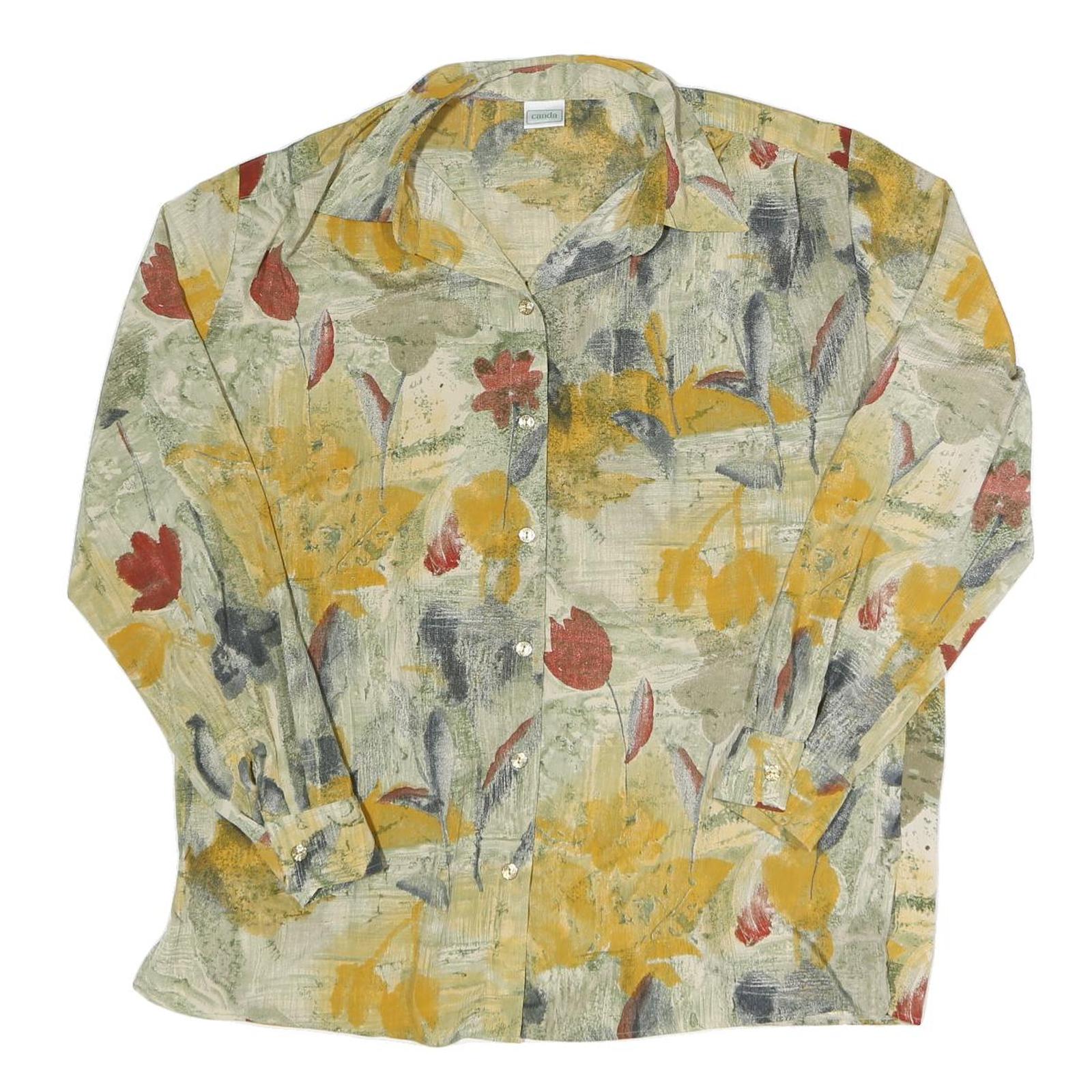 CANDA Womens Beige Floral Shirt Long Sleeve Collared XL Button Closure