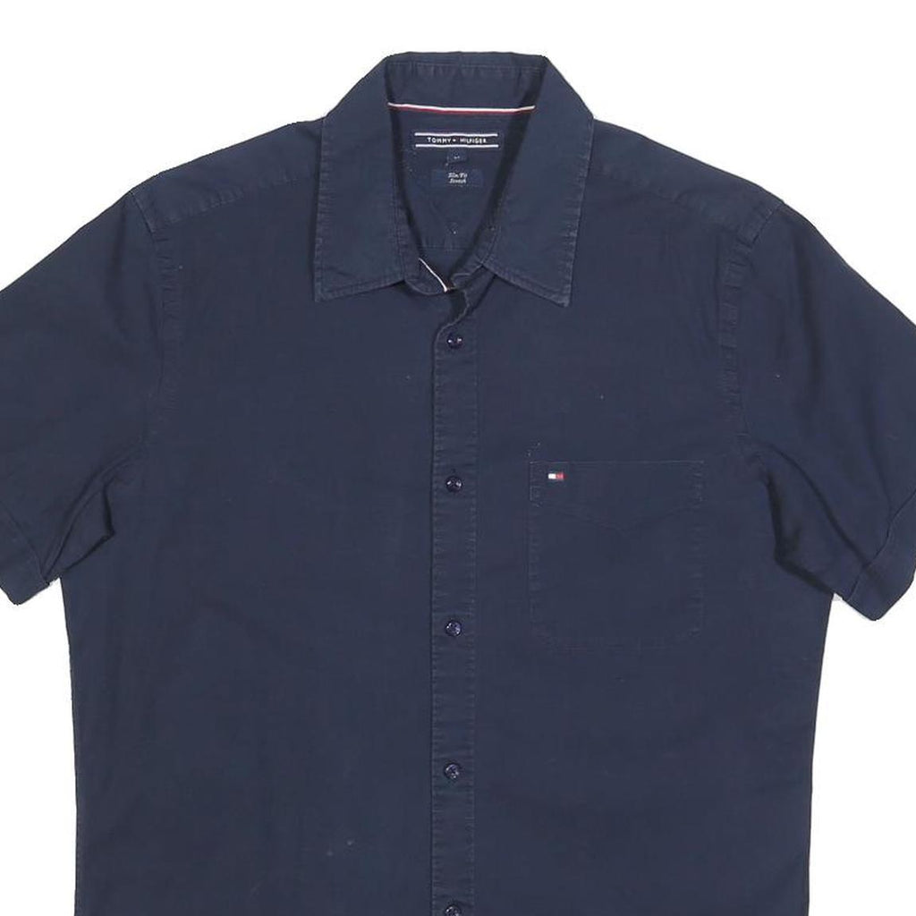 TOMMY HILFIGER Mens Navy Blue Cotton Blend Shirt M Casual Button Front Short