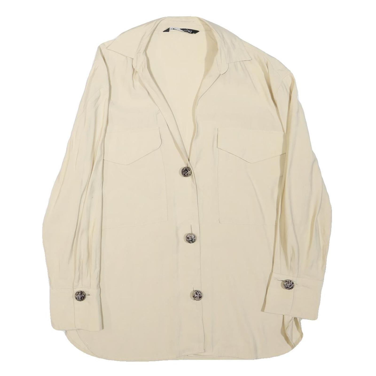 ZARA Womens Cream Cotton Blend Shirt Long Sleeve Collared M Classic Button