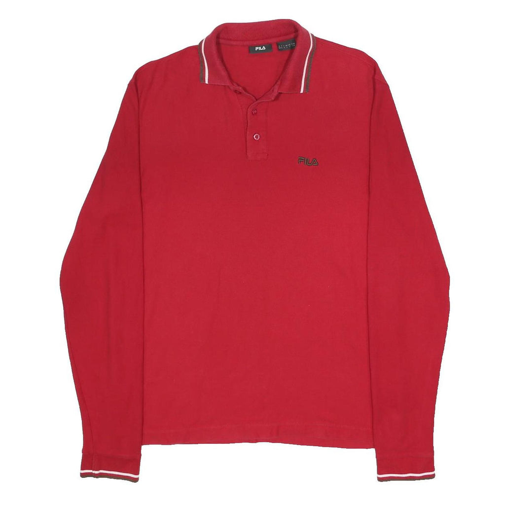FILA Mens Red Long Sleeve Plain Polo Shirt L Cotton Classic Fit