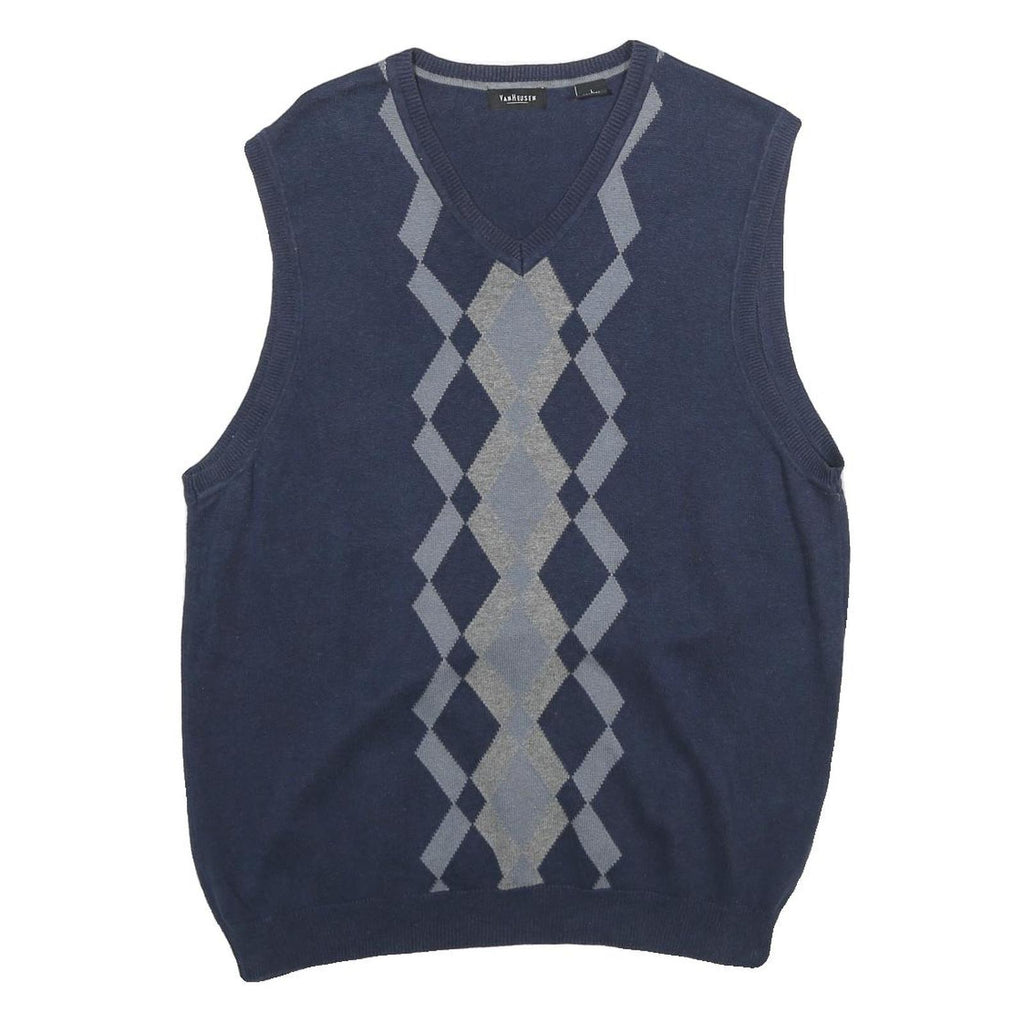 VAN HEUSEN Mens Blue & Grey Patterned Cotton Sleeveless V-Neck Jumper L