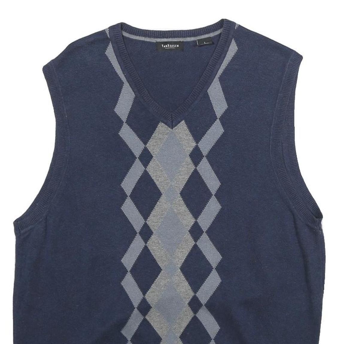 VAN HEUSEN Mens Blue & Grey Patterned Cotton Sleeveless V-Neck Jumper L