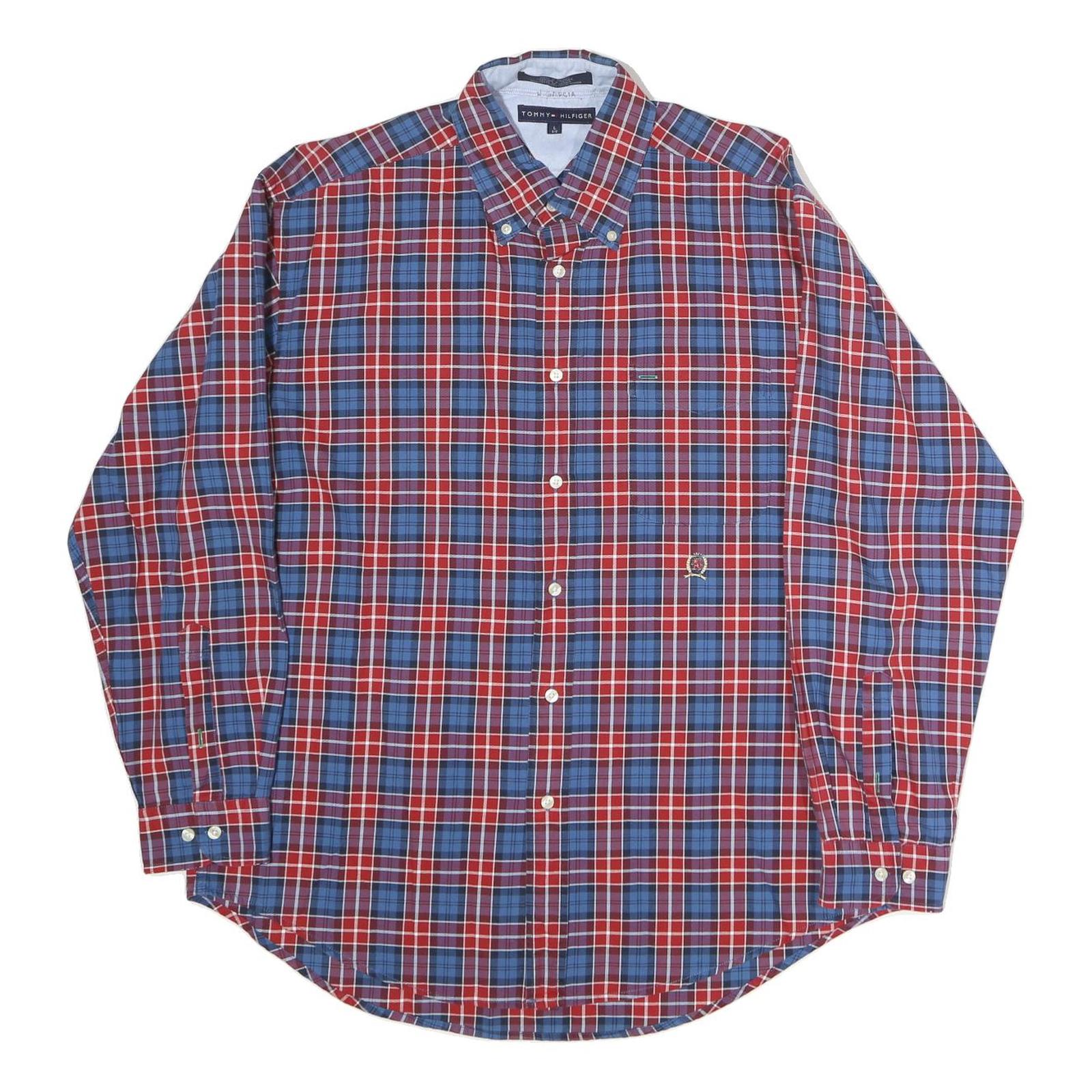 TOMMY HILFIGER Mens Red & Blue Check Shirt L Long Sleeve Button Down Cotton