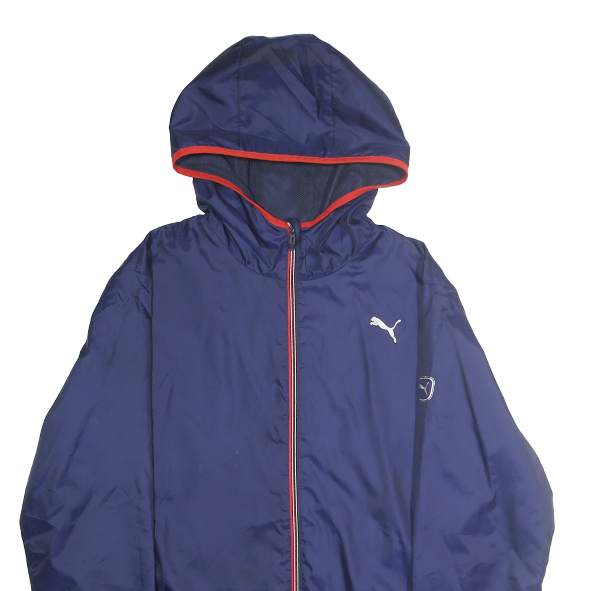 PUMA Mens Blue & Red Hooded Jacket M Polyester Zip Casual Sports Windbreaker