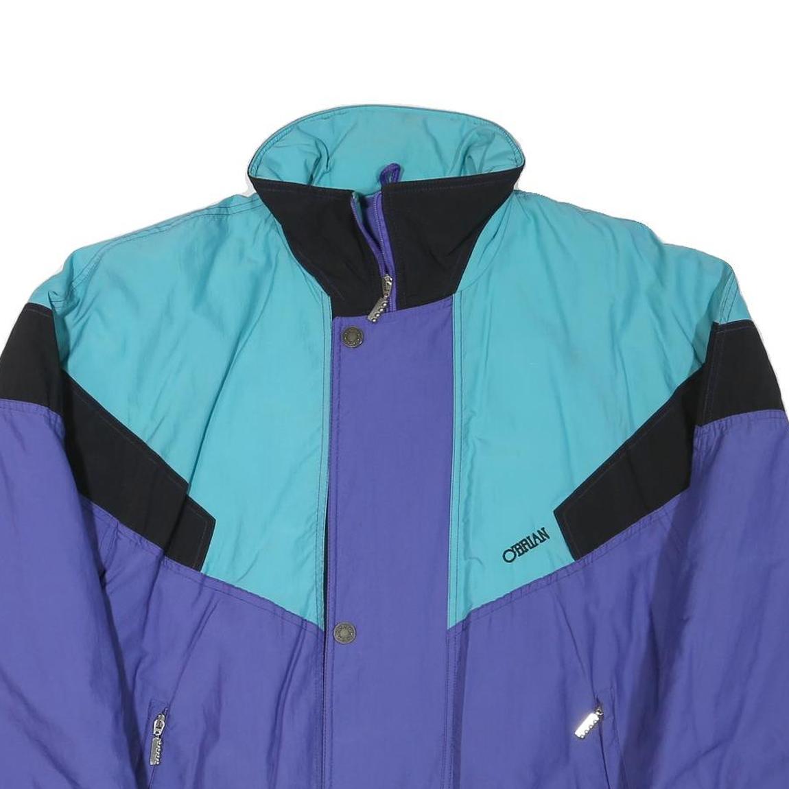 O'BRIAN Mens Blue & Turquoise Retro Zip Jacket L Polyester Blend Colourblock